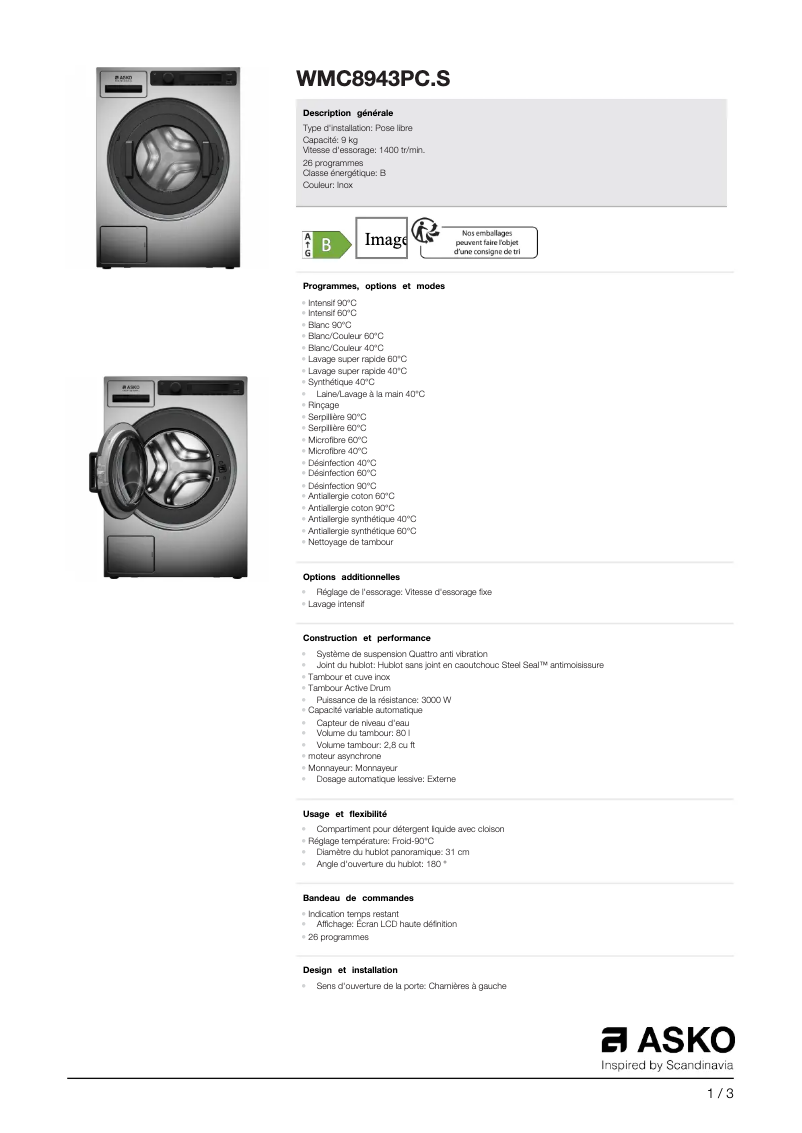 Página 1 del manual Ficha técnica Asko WMC8943PC.S