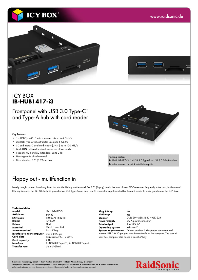 Página 1 del manual Ficha técnica Icy Box IB-HUB1417-i3