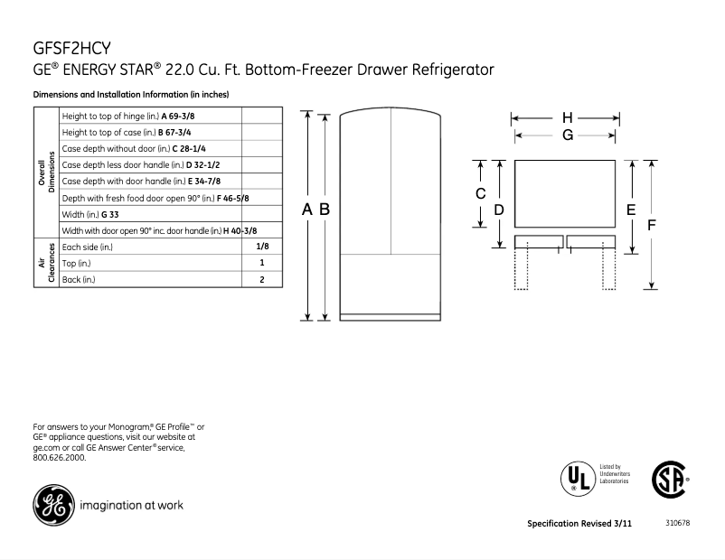 Página 1 del manual Ficha técnica GE GFSF2HCYBB