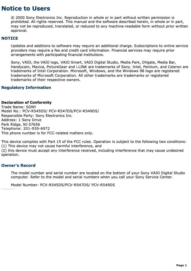 Página nº 1 - Manual de usuario Sony Vaio PCV-R549DS