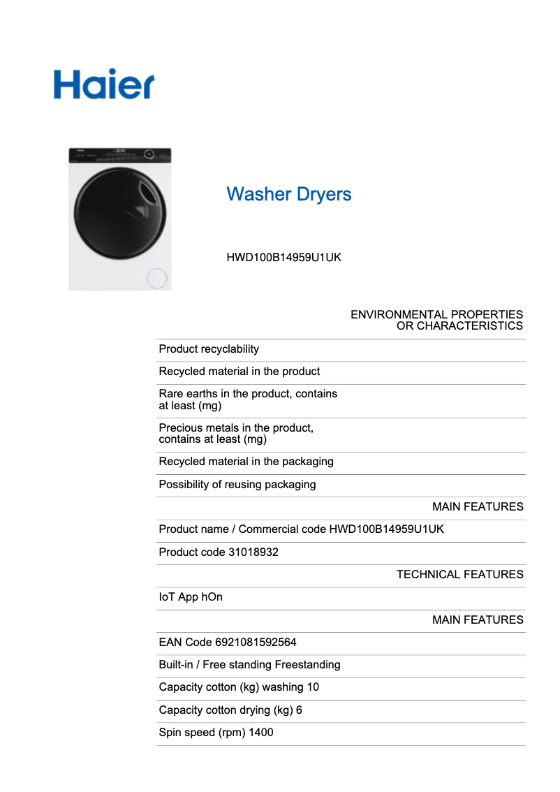 Página 1 del manual Etiqueta energética Haier HWD100B14959U1UK
