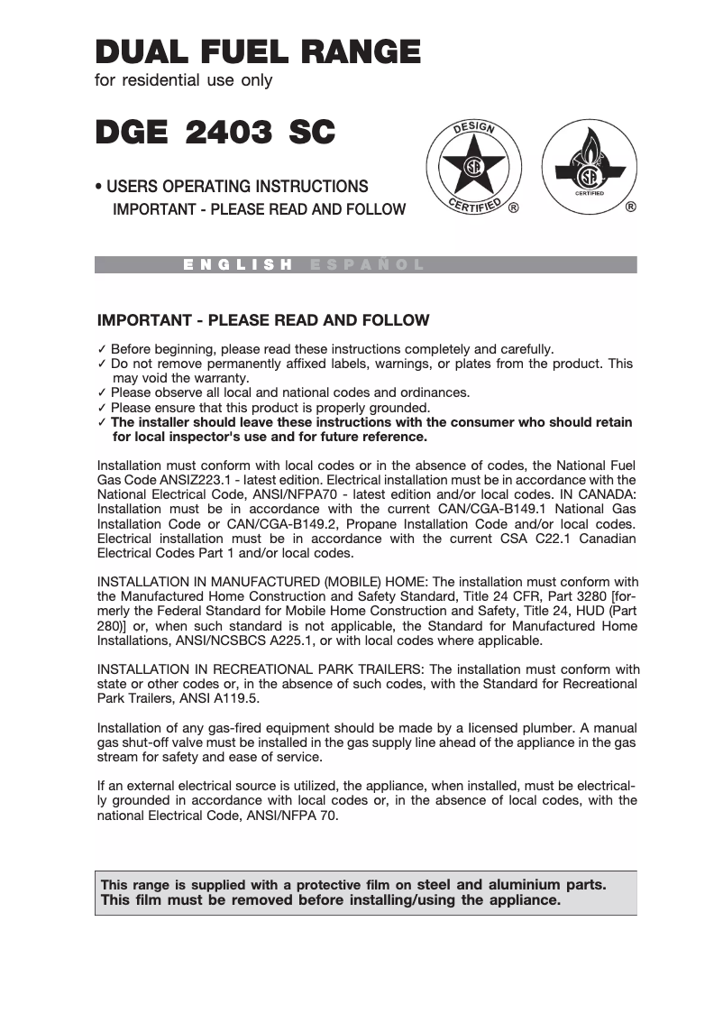 Página nº 1 - Manual de usuario Avanti DGE2403SC