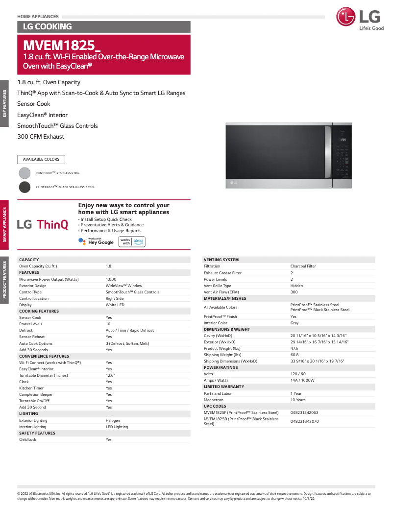 Página 1 del manual Ficha técnica LG MVEM1825F