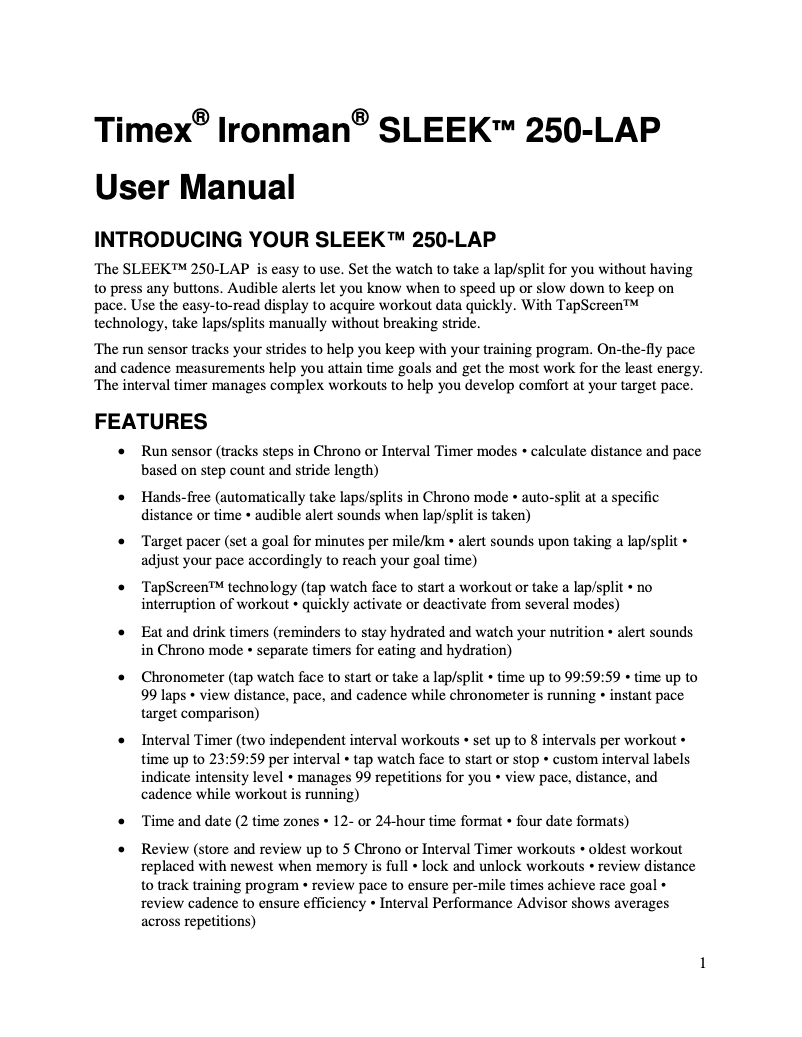 Página 1 del manual Manual de usuario Timex Ironman Sleek 250-LAP