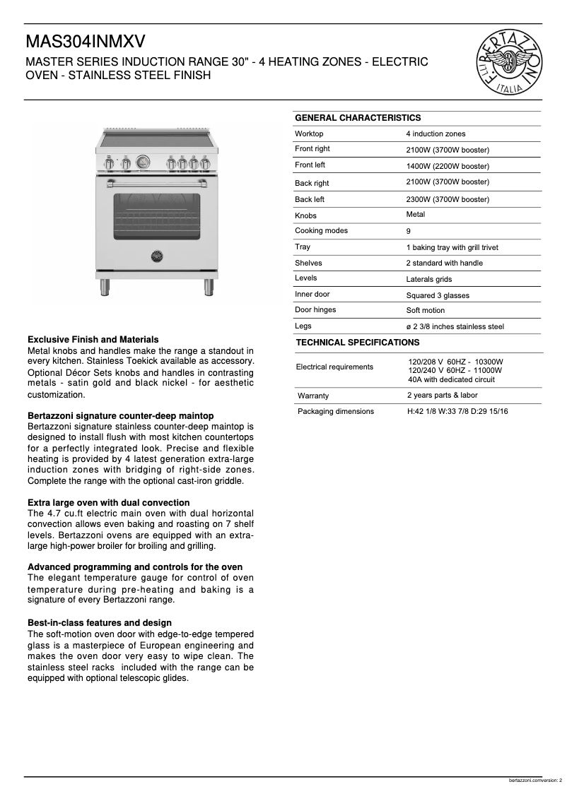 Página nº 1 - Ficha técnica Bertazzoni MAS304INMXV