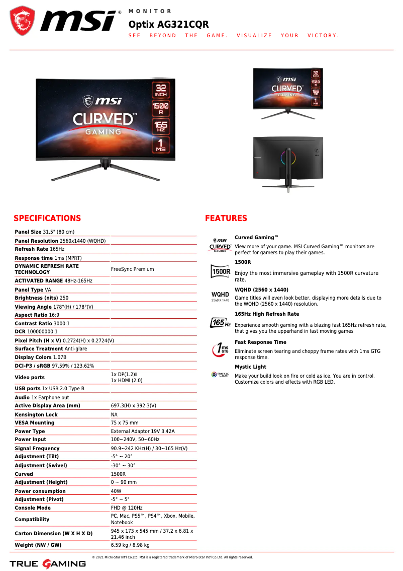 Página nº 1 - Ficha técnica MSI Optix AG321CQR