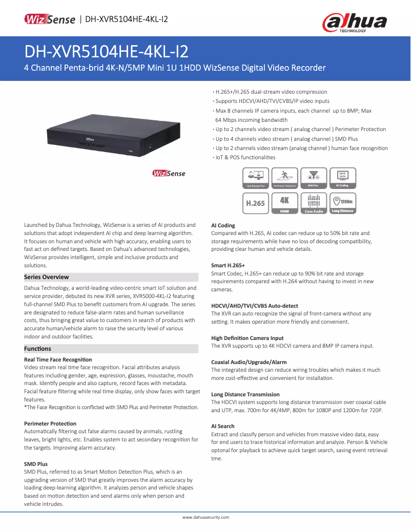 Página 1 del manual Ficha técnica Dahua Technology XVR5104HE-4KL-I2