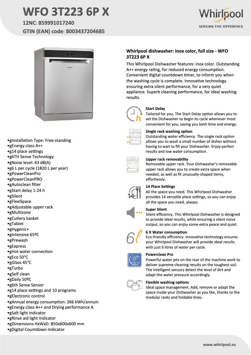 Página 1 del manual Ficha técnica Whirlpool WFO 3T223 6P X