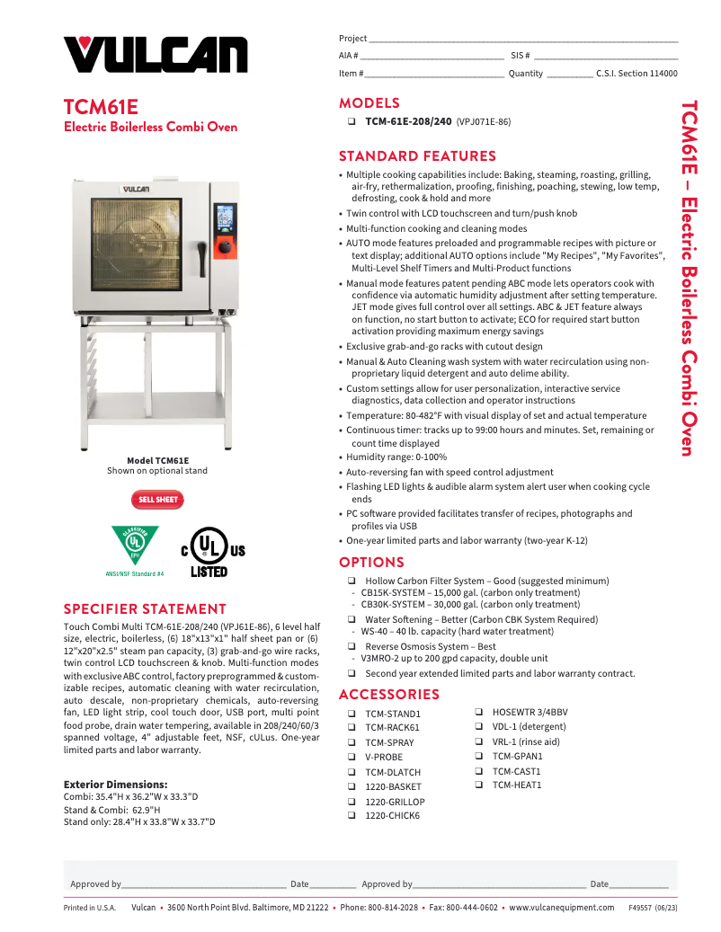 Página 1 del manual Ficha técnica Vulcan TCM-61E