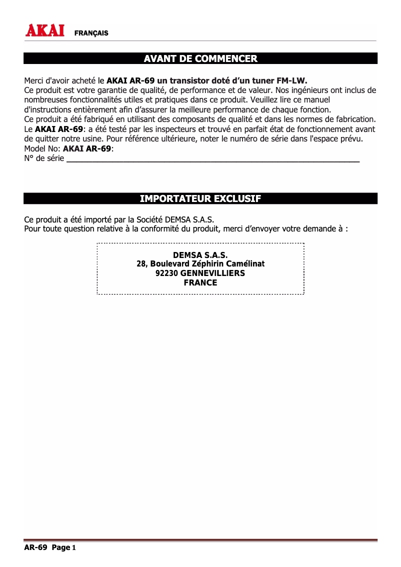 Página 1 del manual Manual de usuario AKAI AR-69