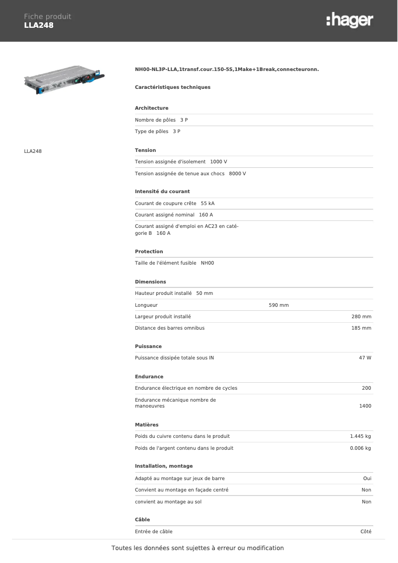 Página 1 del manual Ficha técnica Hager LLA248