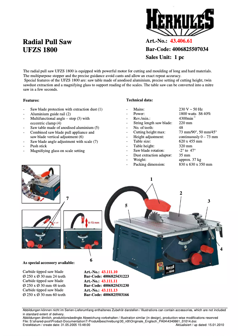 Página 1 del manual Ficha técnica Herkules UFZS 1800