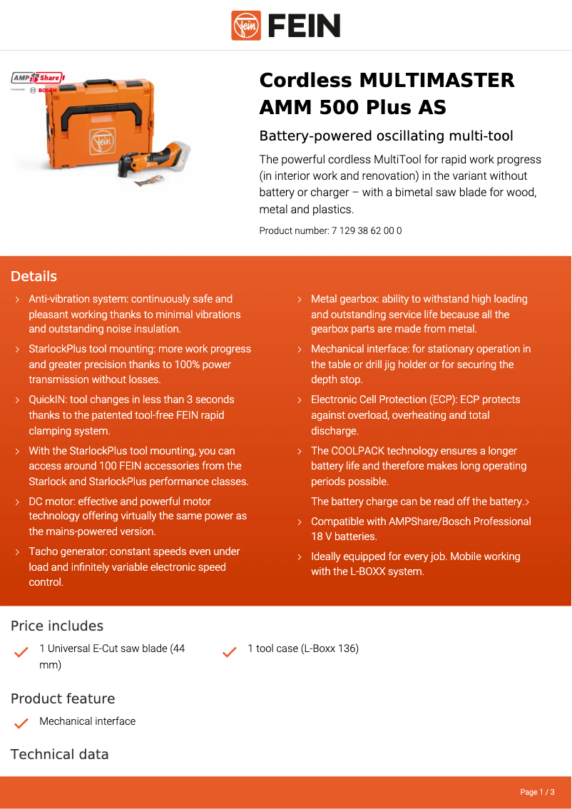 Página nº 1 - Ficha técnica Fein Multimaster AMM 500 Plus AS