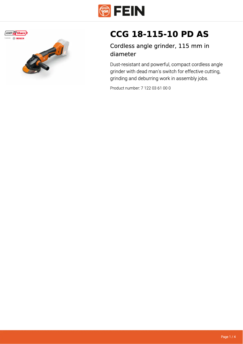 Página 1 del manual Ficha técnica Fein CCG 18-115-10 PD AS