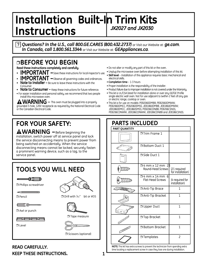 Página 1 del manual Guía de instalación GE Profile PEB2060SMSS