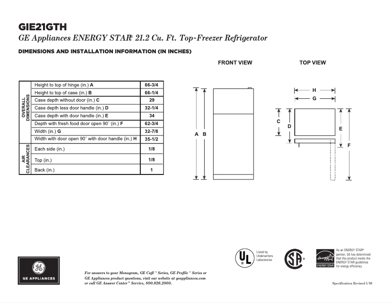 Página 1 del manual Ficha técnica GE GIE21GTHWW