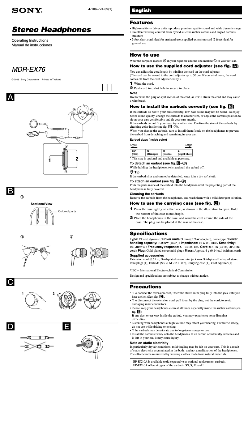 Imagen de la primera página del manual del dispositivo MDR-EX76