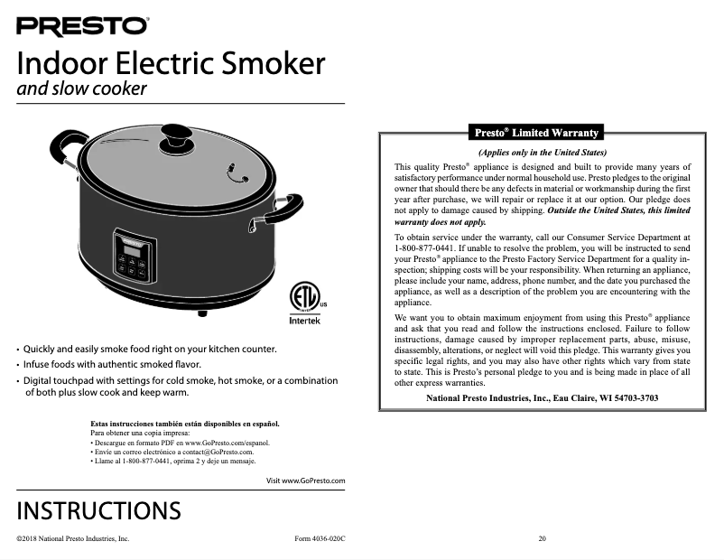 Imagen de la primera página del manual del dispositivo Indoor Electric Smoker 06013
