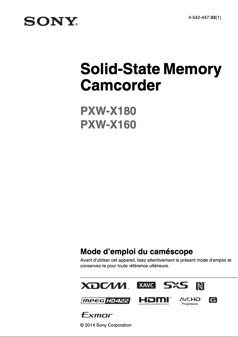 Imagen de la primera página del manual del dispositivo PXW-X180