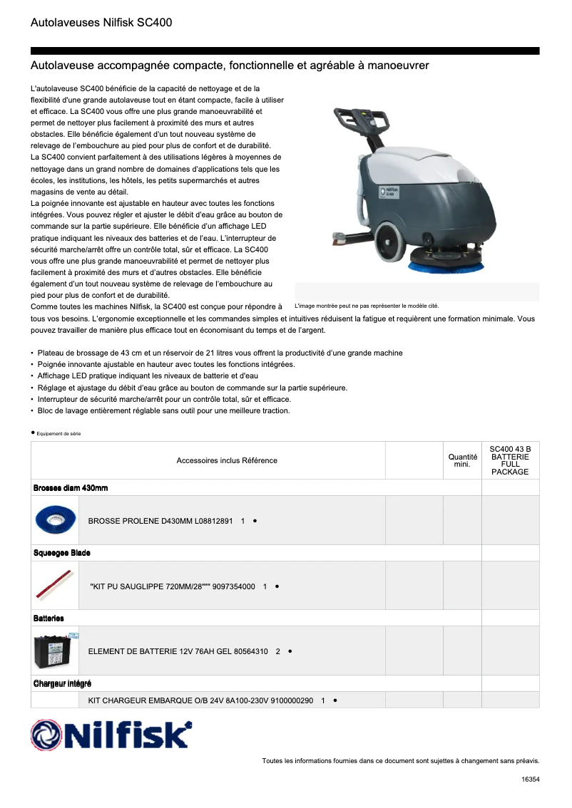 Página 1 del manual Ficha técnica Nilfisk SC400