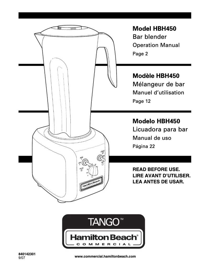 Imagen de la primera página del manual del dispositivo Tango HBH450R
