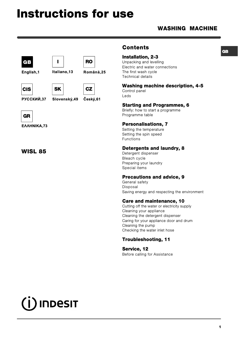 Página 1 del manual Manual de usuario Indesit WISL 85