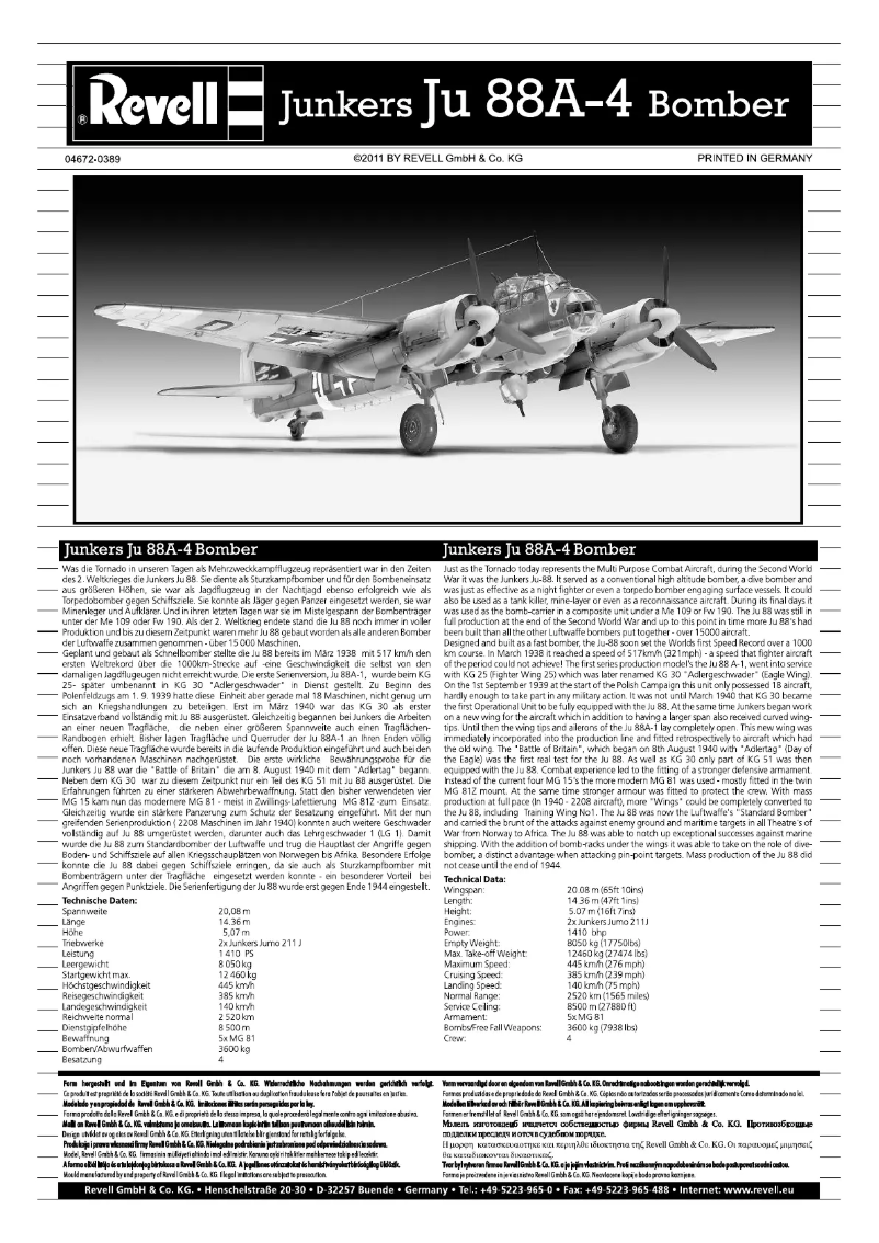 Imagen de la primera página del manual del dispositivo Junkers Ju88 A-4 Bomber