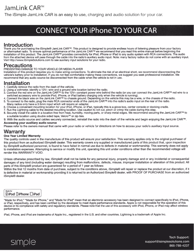 Imagen de la primera página del manual del dispositivo JamLink CAR IS7505