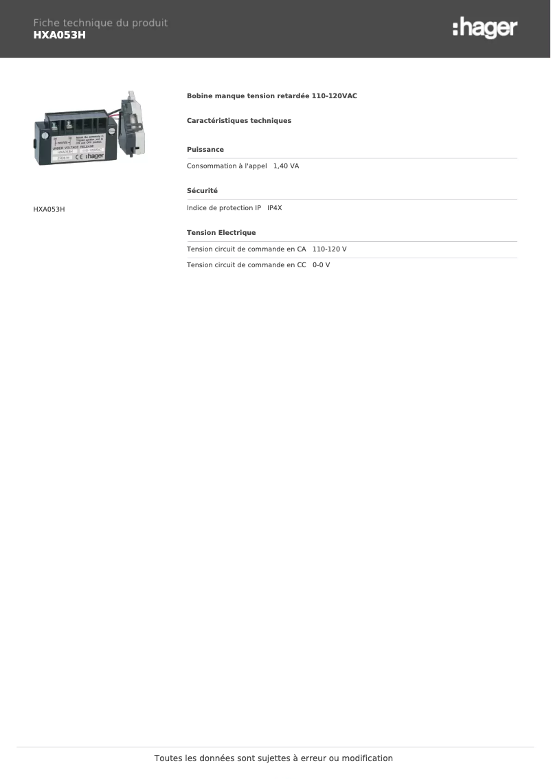 Página 1 del manual Ficha técnica Hager HXA053H