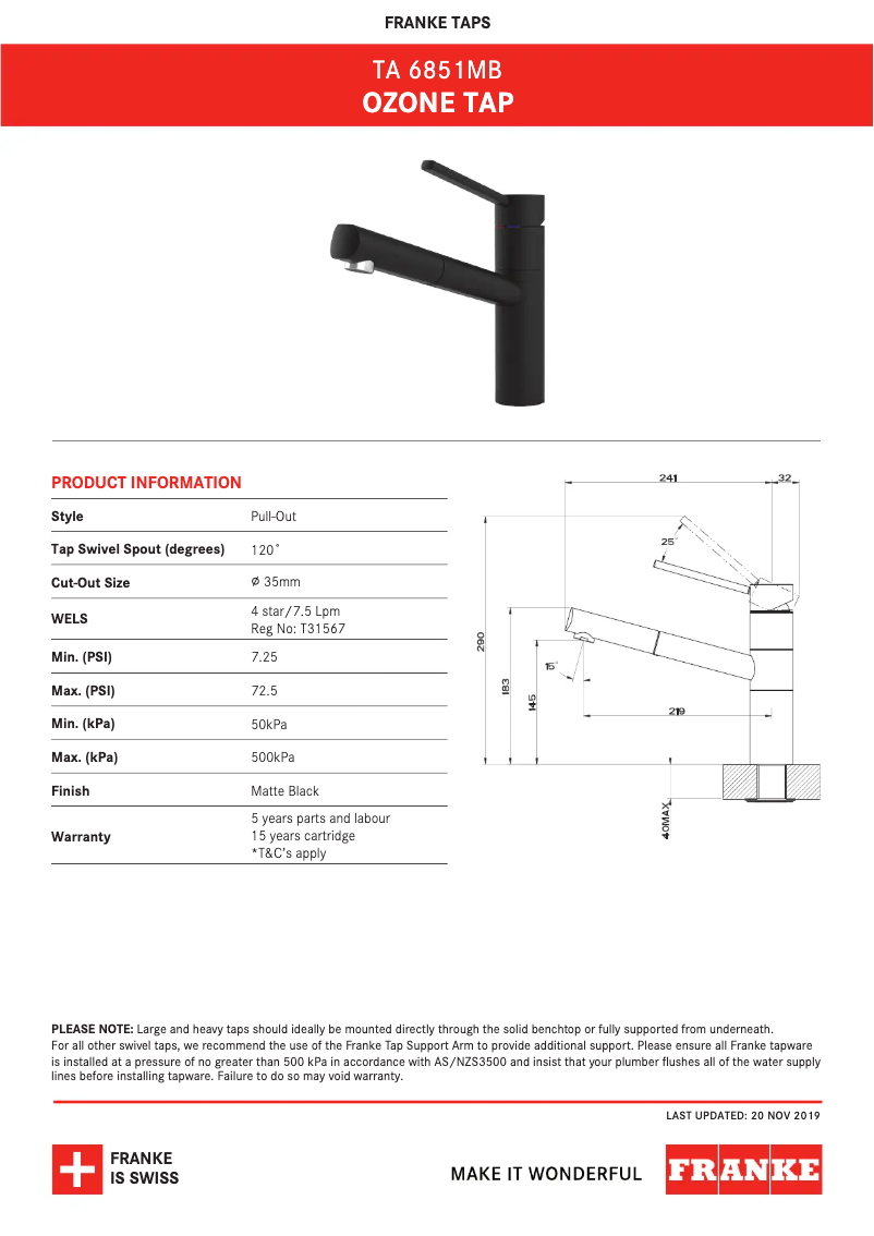 Página 1 del manual Ficha técnica Franke Ozone TA6851
