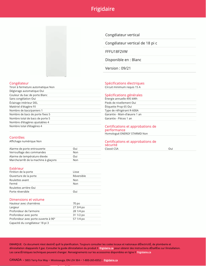 Página 1 del manual Ficha técnica Frigidaire FFFU18F2VW