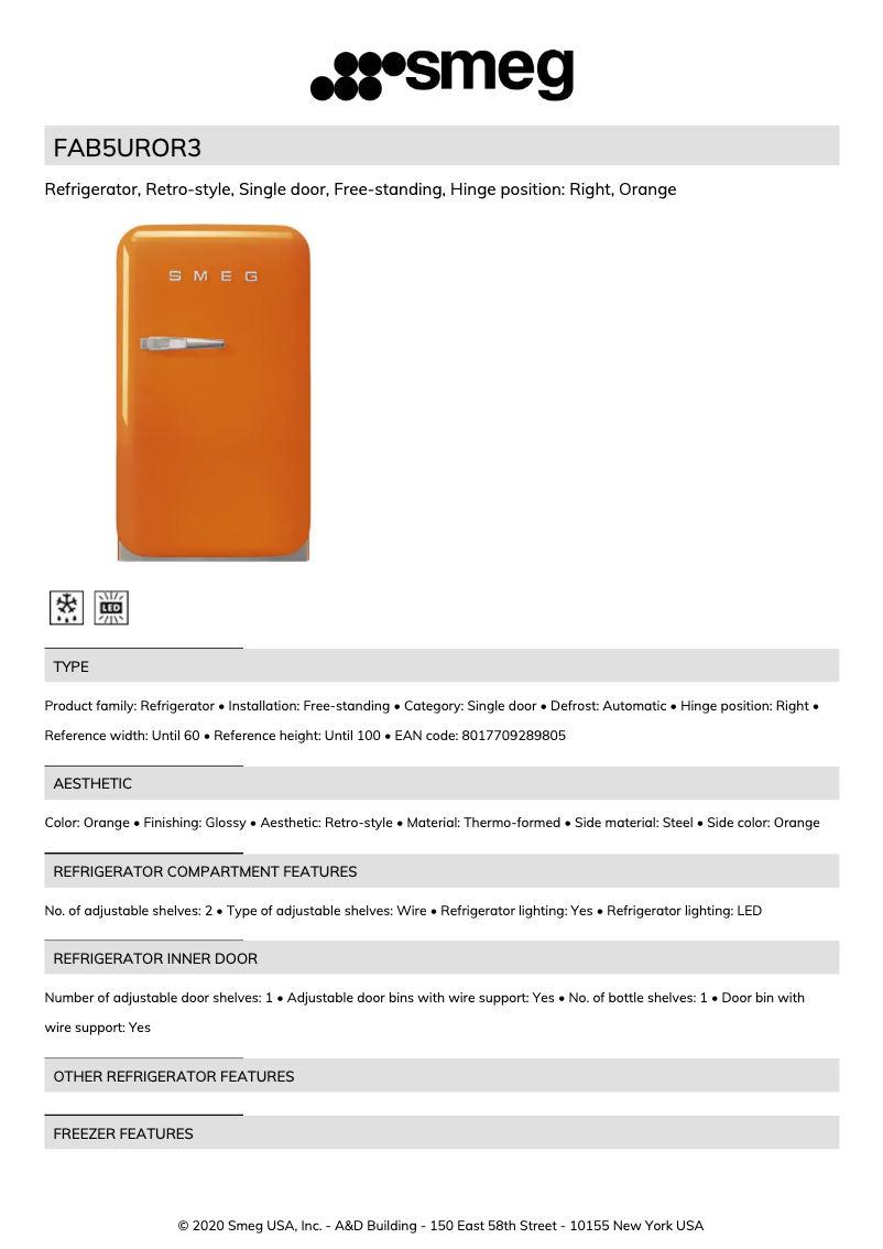 Página 1 del manual Ficha técnica Smeg FAB5UROR3