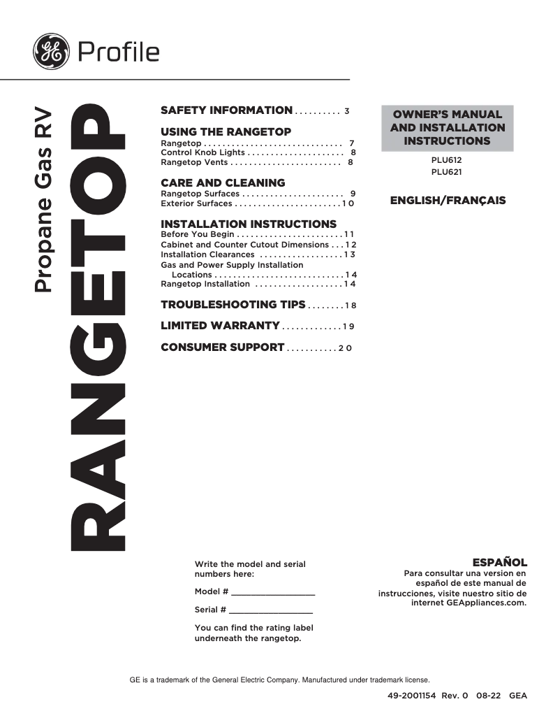 Imagen de la primera página del manual del dispositivo Profile PLU621RTSS