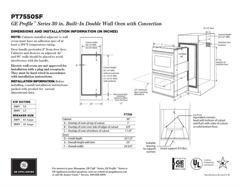 Página 1 del manual Ficha técnica GE PT7550SFSS