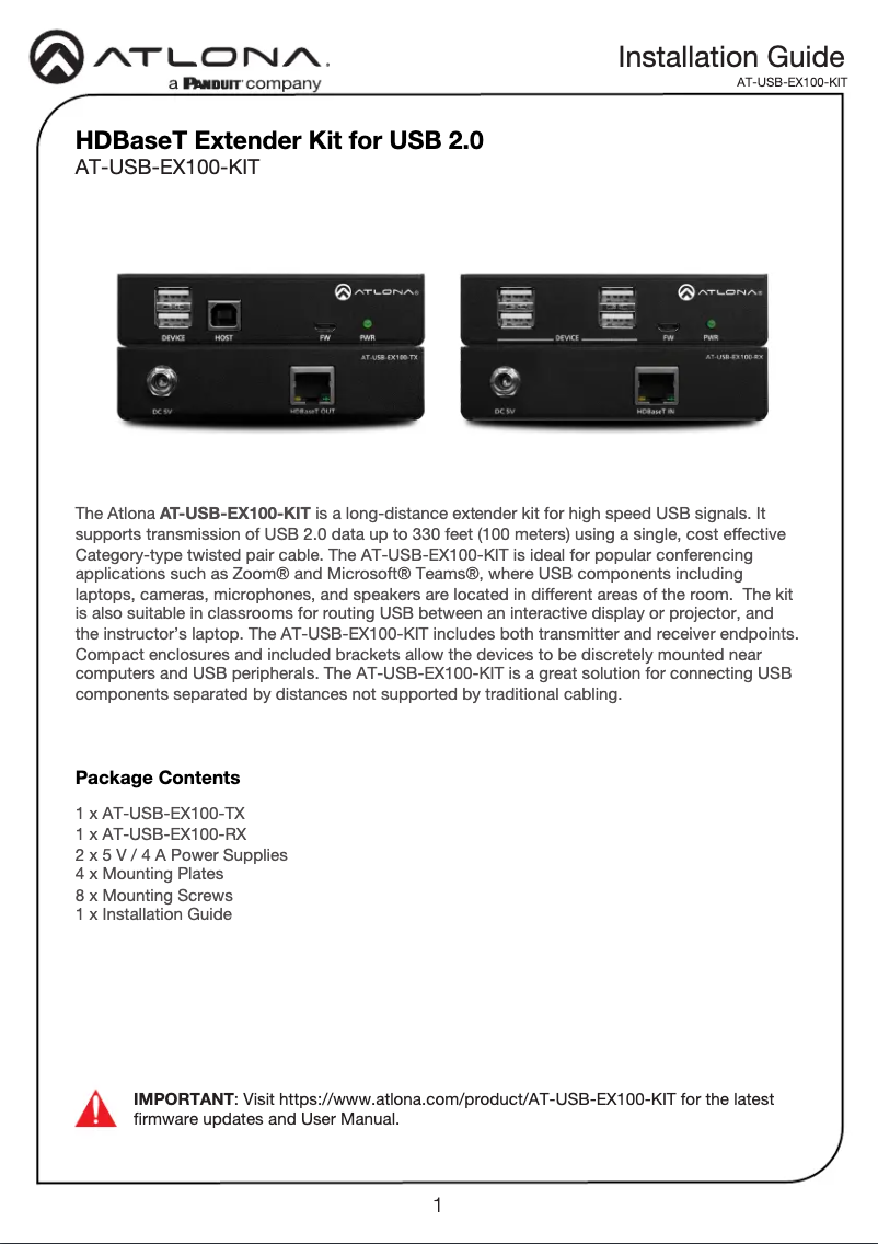 Imagen de la primera página del manual del dispositivo AT-USB-EX100-KIT