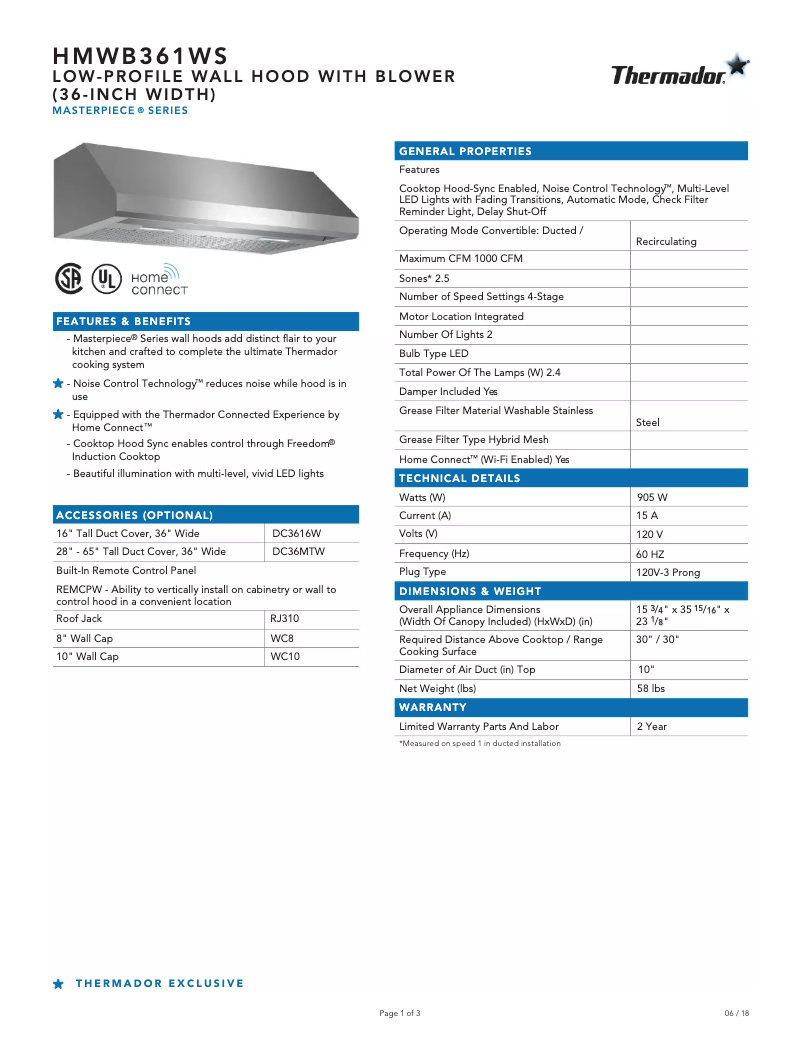 Página 1 del manual Ficha técnica Thermador HMWB36WS