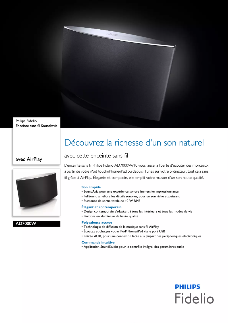 Página 1 del manual Ficha técnica Philips Fidelio SoundAvia AD7000W