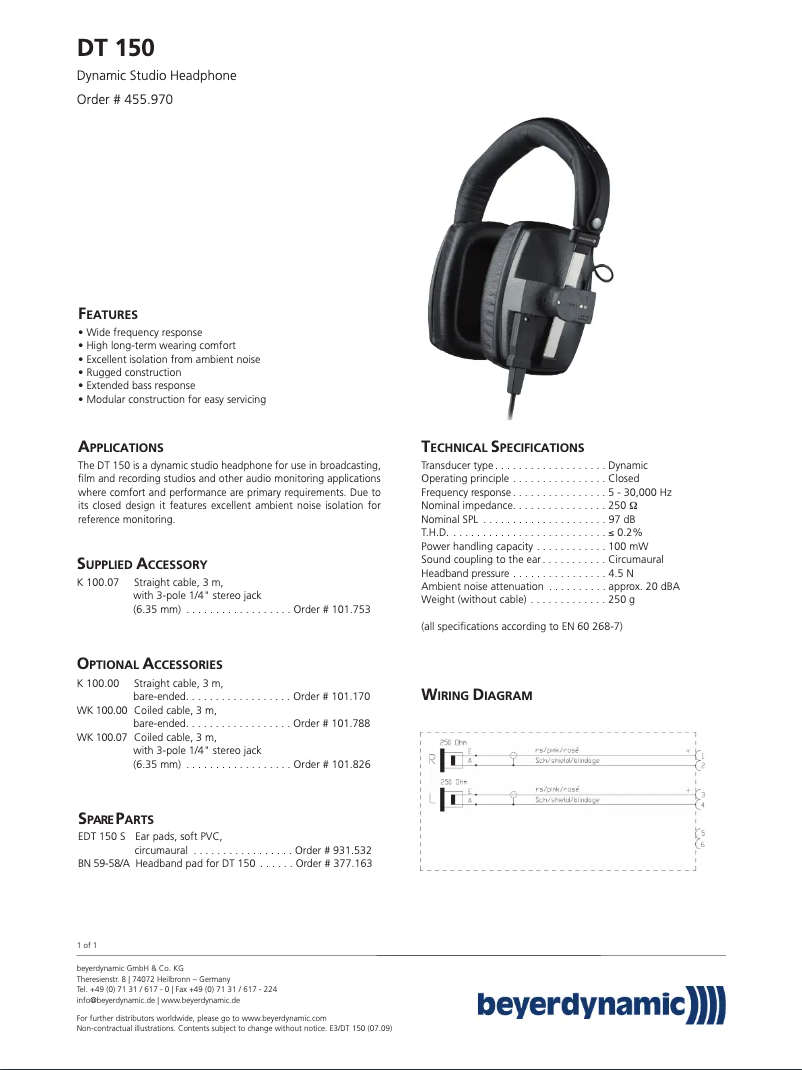 Página 1 del manual Ficha técnica Beyerdynamic DT 150
