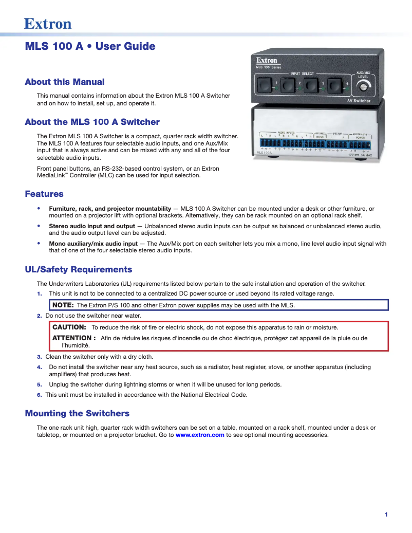Página 1 del manual Manual de usuario Extron MLS 100 A