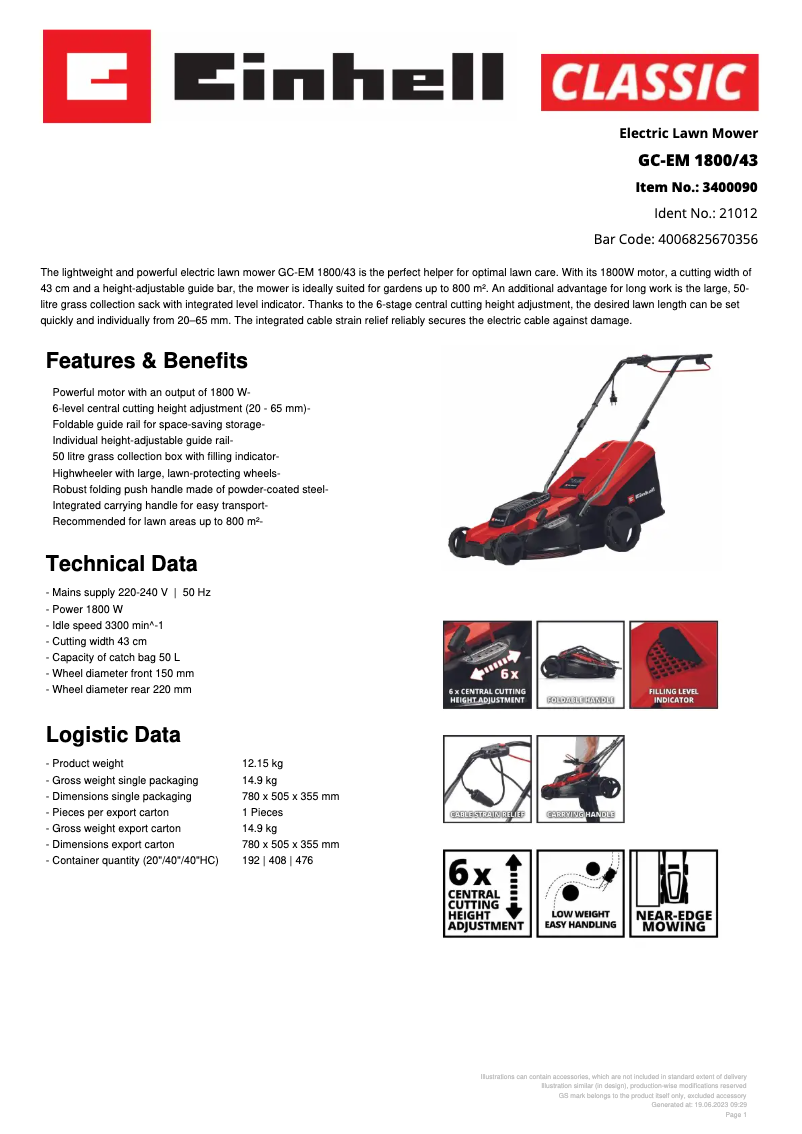 Página 1 del manual Ficha técnica Einhell GC-EM 1800/43