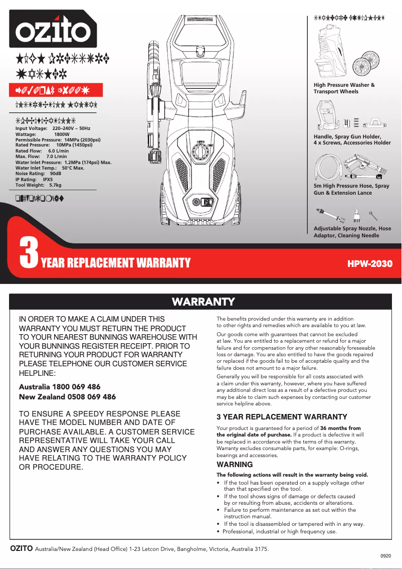 Página nº 1 - Manual de usuario Ozito HPW-2030