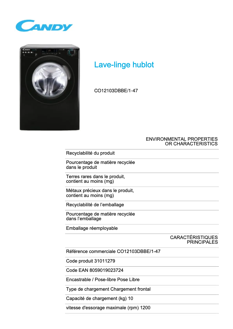 Página 1 del manual Ficha técnica Candy CO12103DBBE/1-47