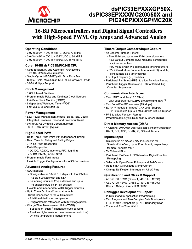 Imagen de la primera página del manual del dispositivo PIC24EP256GP206