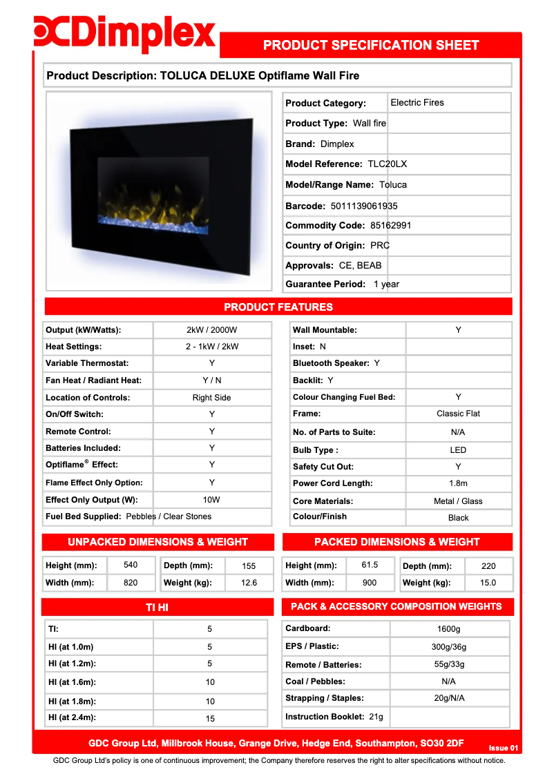 Página 1 del manual Ficha técnica Dimplex Toluca Deluxe