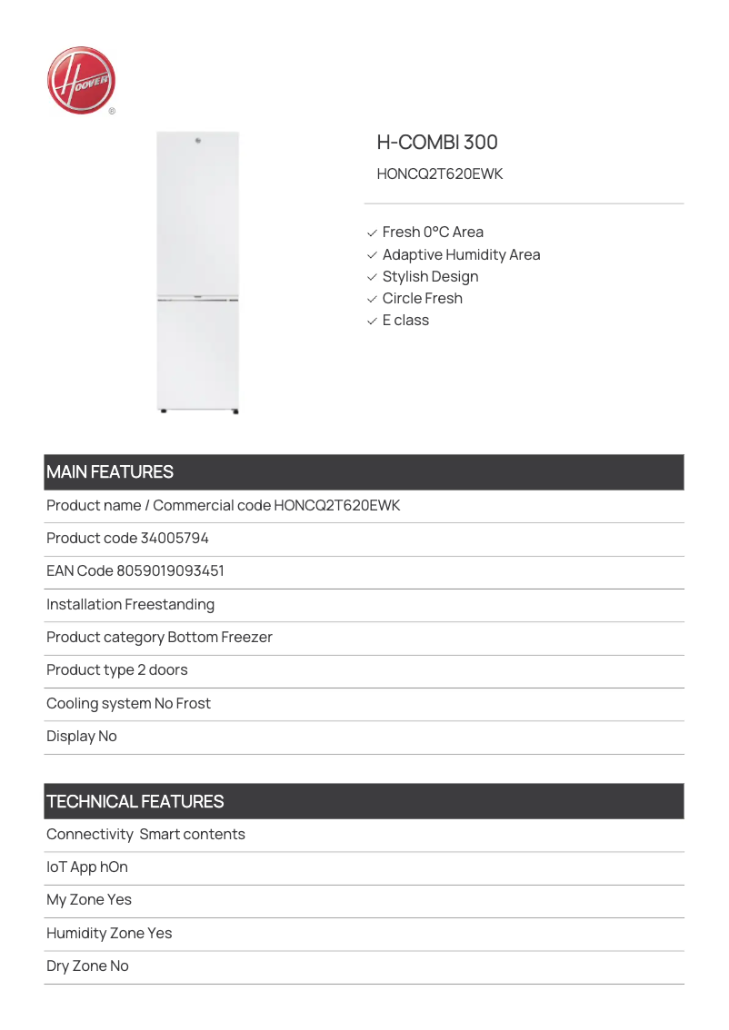 Página 1 del manual Ficha técnica Hoover HONCQ2T620EWK