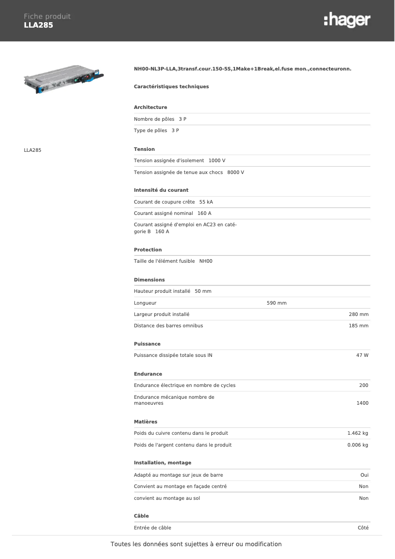 Página 1 del manual Ficha técnica Hager LLA285