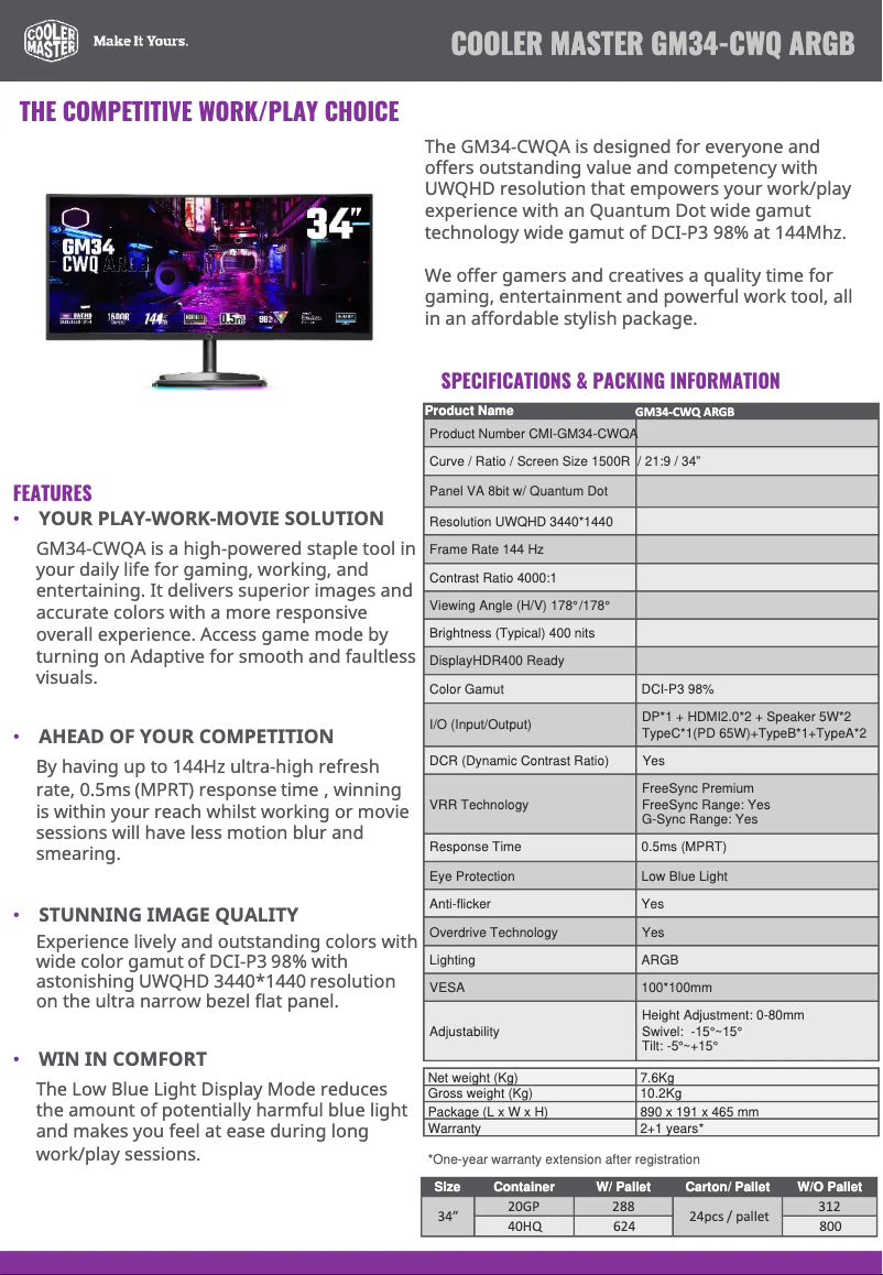 Página 1 del manual Ficha técnica Cooler Master GM34-CWQ ARGB