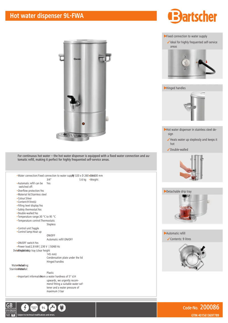 Página 1 del manual Ficha técnica Bartscher 9L-FWA