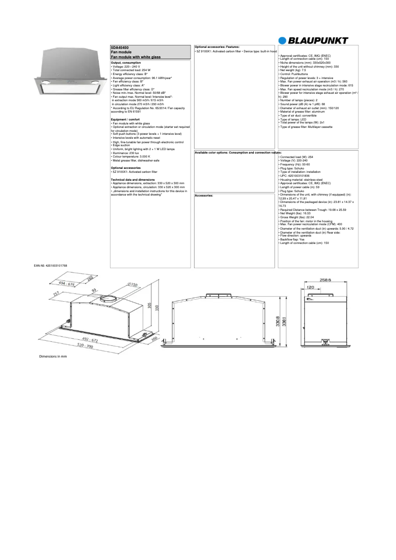 Página 1 del manual Ficha técnica Blaupunkt 5DA45450