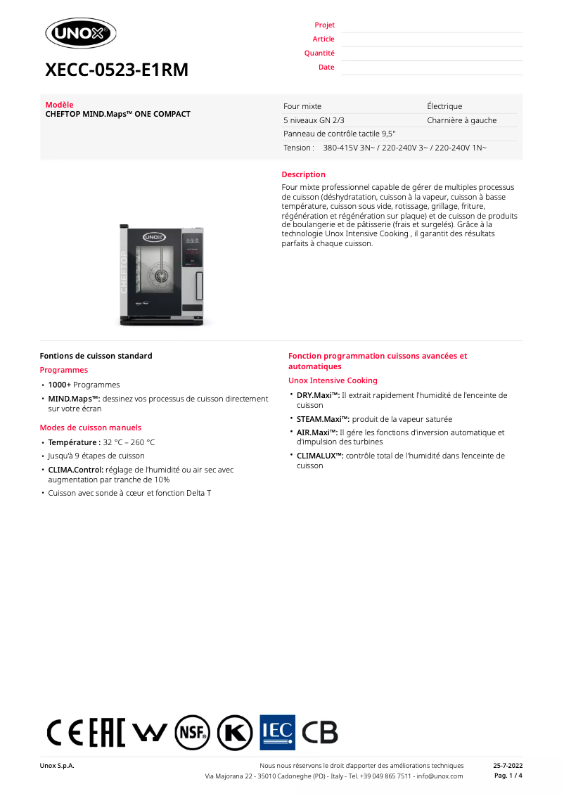 Página 1 del manual Ficha técnica Unox CHEFTOP MIND.Maps ONE COMPACT